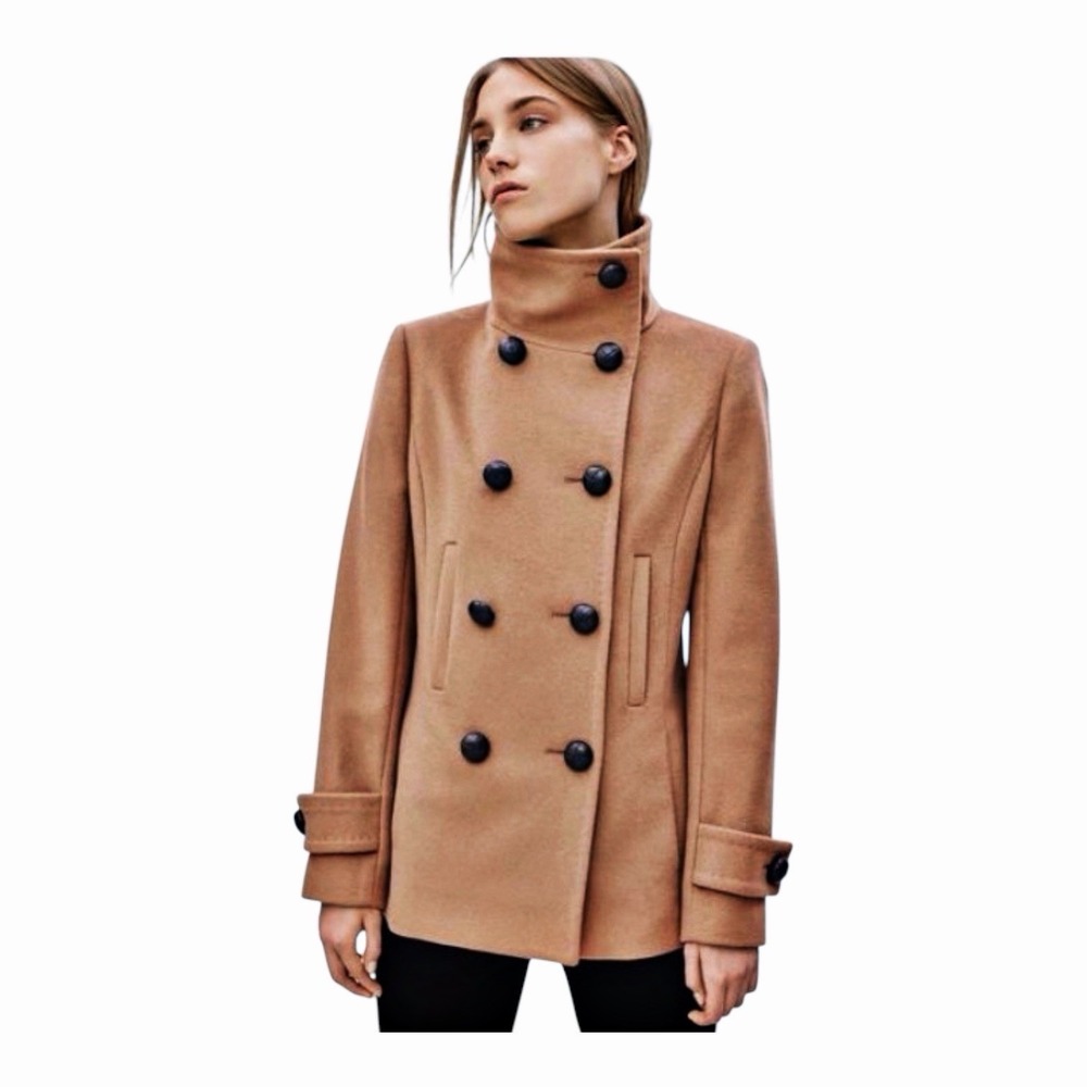 Aritzia Babaton Howell Peacoat Wool Cashmere Tan Double Breasted Funnel Neck XS